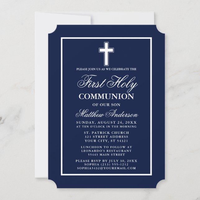 Invitation Première Sainte Communion Bleu Nuit Élégante Moder (Devant)