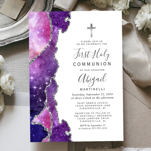 Invitation Première Sainte Communion Bleu Stellair Rose Agate (Créateur téléchargé)