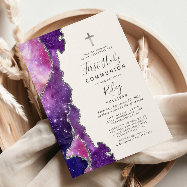 Invitation Première Sainte Communion Bleu Stellair Rose Agate (Créateur téléchargé)