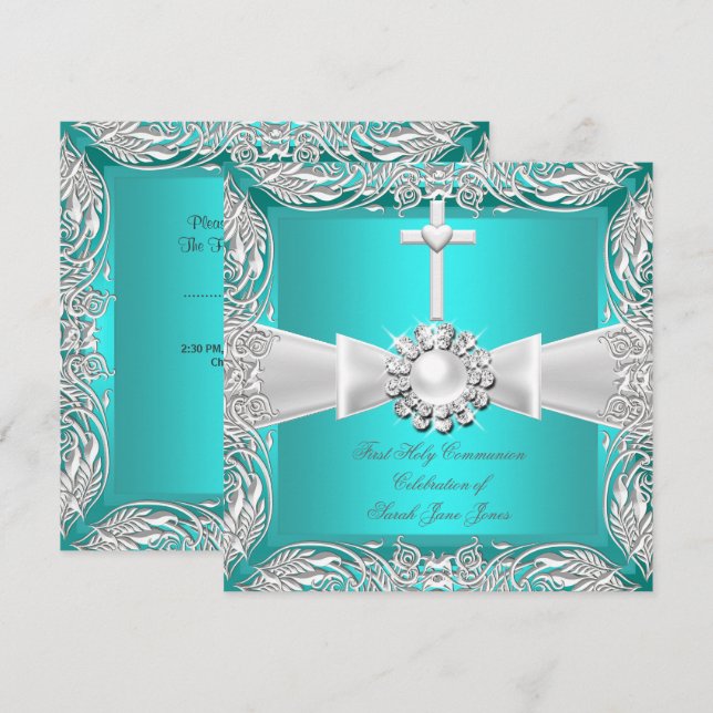 Invitation Première Sainte Communion Bleu Turquoise Blanc Arg (Devant / Derrière)