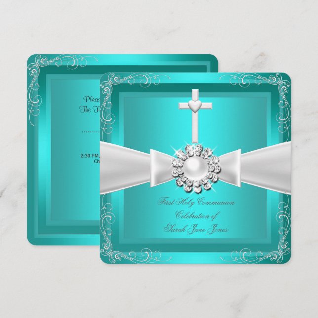 Invitation Première Sainte Communion Bleu Turquoise Blanc Arg (Devant / Derrière)