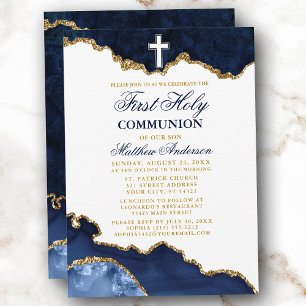 Invitation Première Sainte Communion Bleue Marbre Or Géode