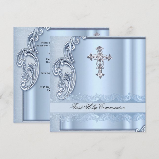 Invitation Première Sainte Communion Bleue pour Garçon Confir (Devant / Derrière)