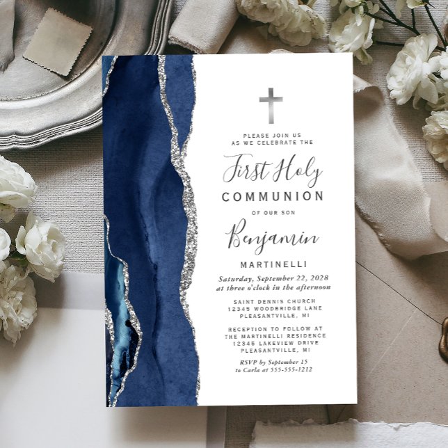 Invitation Première Sainte Communion Blue Agate Pailleté Arge (Créateur téléchargé)
