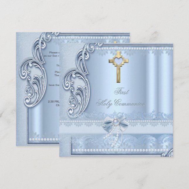 Invitation Première Sainte Communion Broderie Bleue Confirmat (Devant / Derrière)