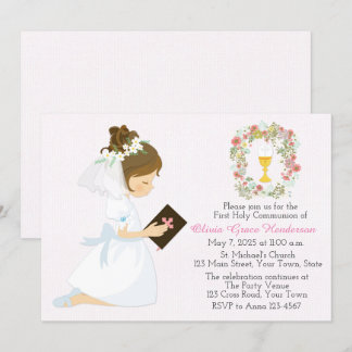 Invitation Première Sainte Communion Brunette Girl Floral Wre