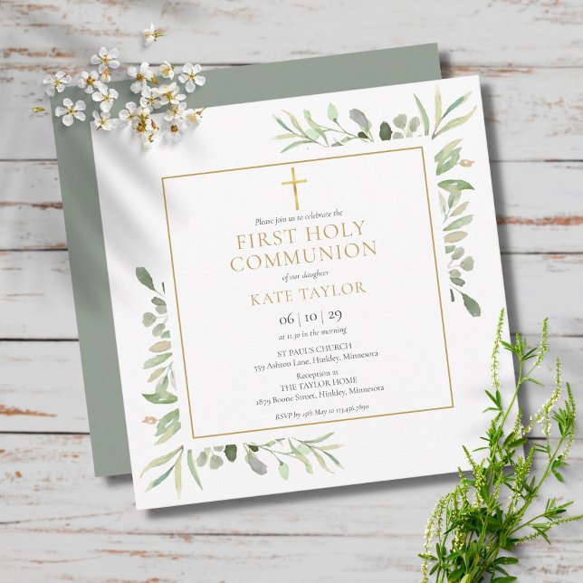 Invitation Première Sainte Communion Carré de verdure à l'aqu (Créateur téléchargé)
