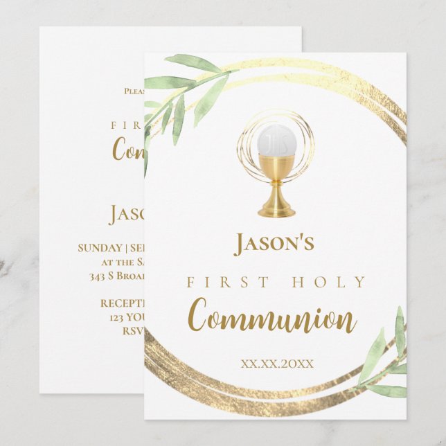 Invitation Première Sainte Communion cercle d'or feuilles ver (Devant / Derrière)