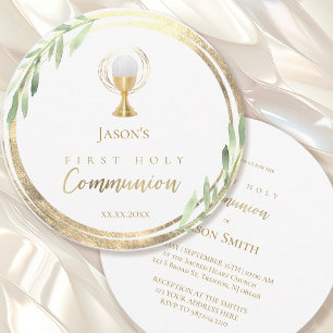 Invitation Première Sainte Communion cercle d'or feuilles ver