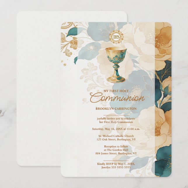 Invitation Première Sainte Communion Chic Sarcelle Or LPM26 (Devant / Derrière)