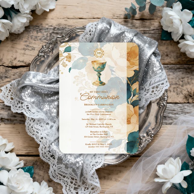 Invitation Première Sainte Communion Chic Sarcelle Or LPM26 (Chic Teal and Faux Gold First Holy Communion Invitation Card with Elegant Faux Metallic Chalice.)
