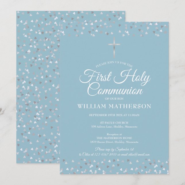 Invitation Première Sainte Communion Cœurs en Argent Moderne (Devant / Derrière)
