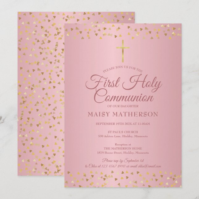 Invitation Première Sainte Communion Cœurs Moderne Or Rose (Devant / Derrière)