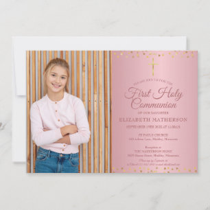 Invitation Première Sainte Communion Cœurs Or Rose Photo