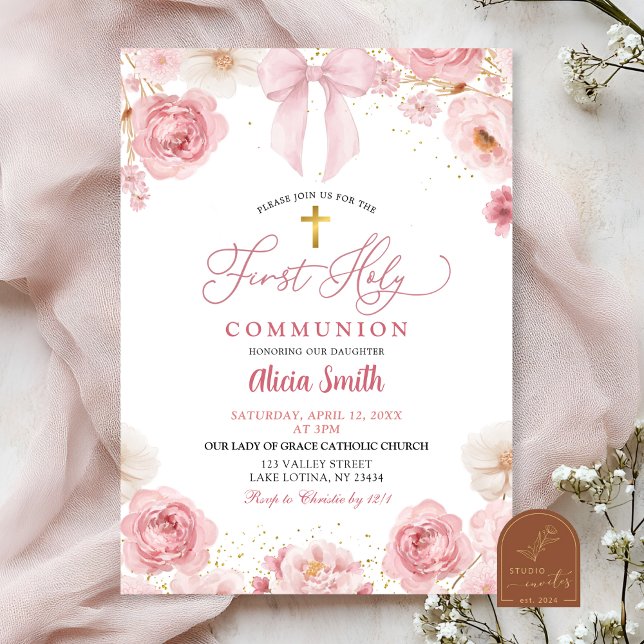 Invitation Première Sainte Communion Coquette Ruban Rose (Créateur téléchargé)