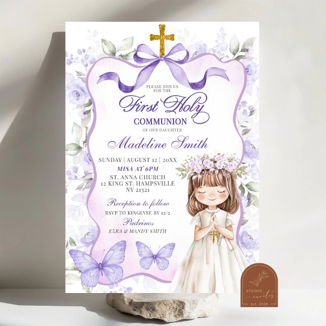 Invitation Première Sainte Communion Coquette Ruban Violet La (Créateur téléchargé)