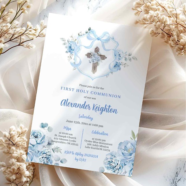 Invitation Première Sainte Communion Crête Ruban Bleu (Créateur téléchargé)