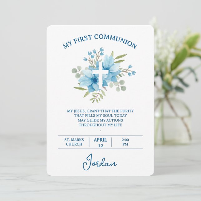 Invitation Première Sainte Communion Croix Aquarelle Bleue (Debout devant)