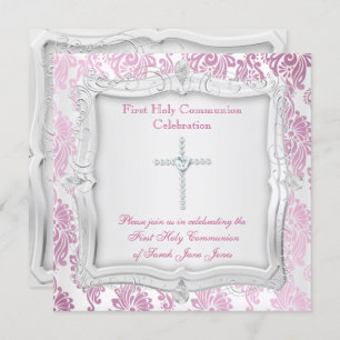 Invitation Première Sainte Communion Croix d'argent rose