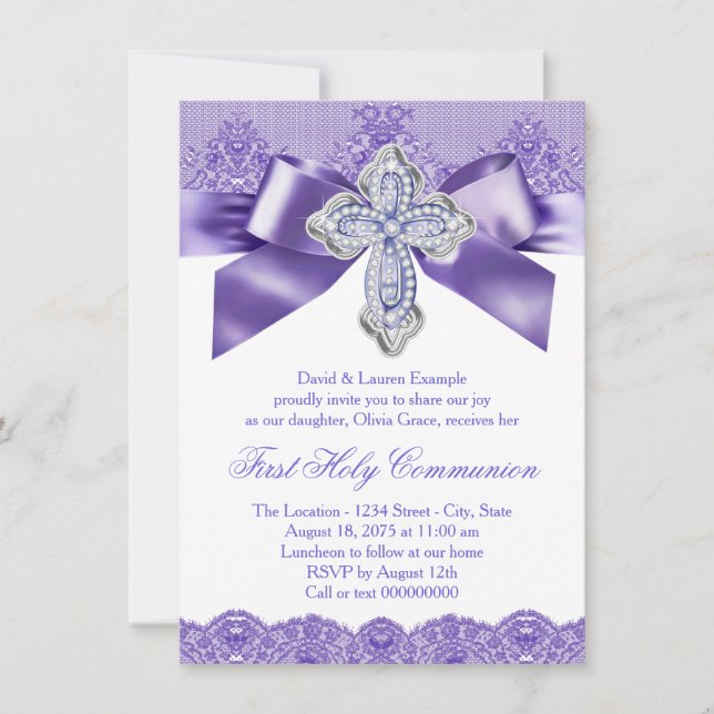 Invitation Première Sainte Communion Croix Dentelle Violette (Devant)