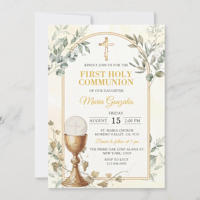 Invitation Première Sainte Communion Croix d'Or (Devant)