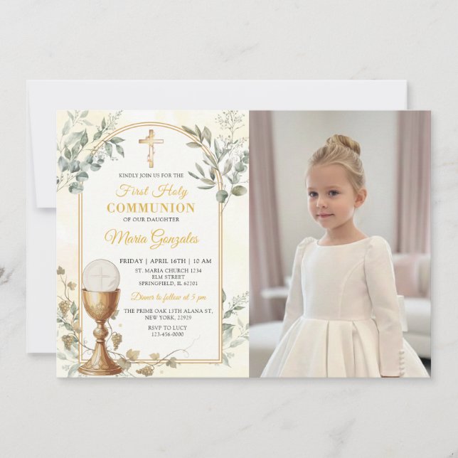 Invitation Première Sainte Communion Croix d'Or Photo Invitat (Devant)