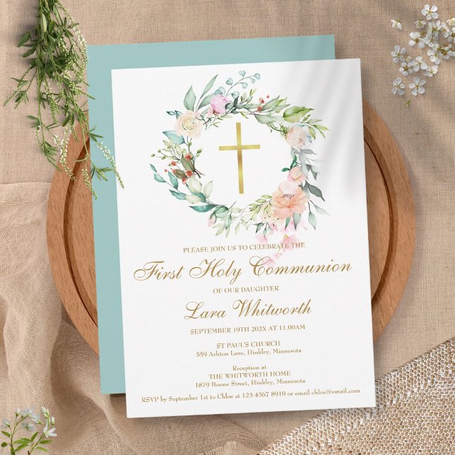 Invitation Première Sainte Communion Croix Dorée Aquarelle Fl (Créateur téléchargé)