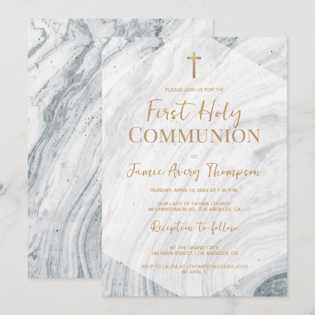 Invitation Première Sainte Communion Croix Dorée en Marbre Él (Devant / Derrière)