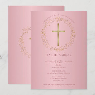 Invitation Première Sainte Communion Croix en Or Rose Floral