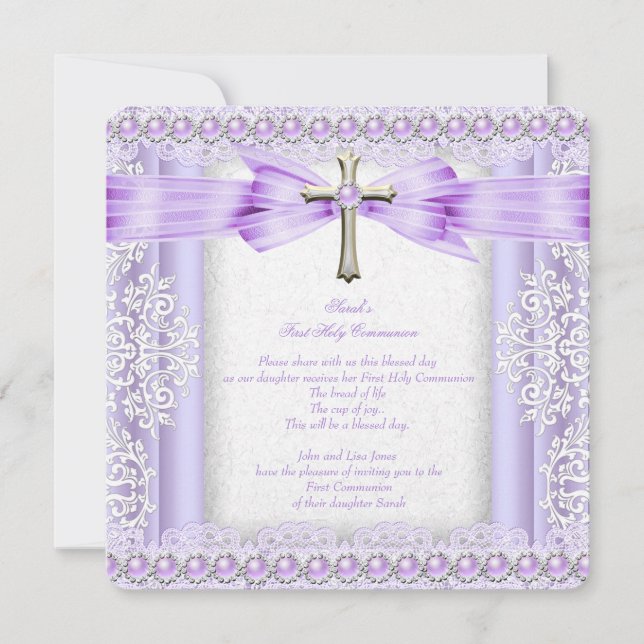 Invitation Première Sainte Communion Croix Fille Joli Lavande (Devant)