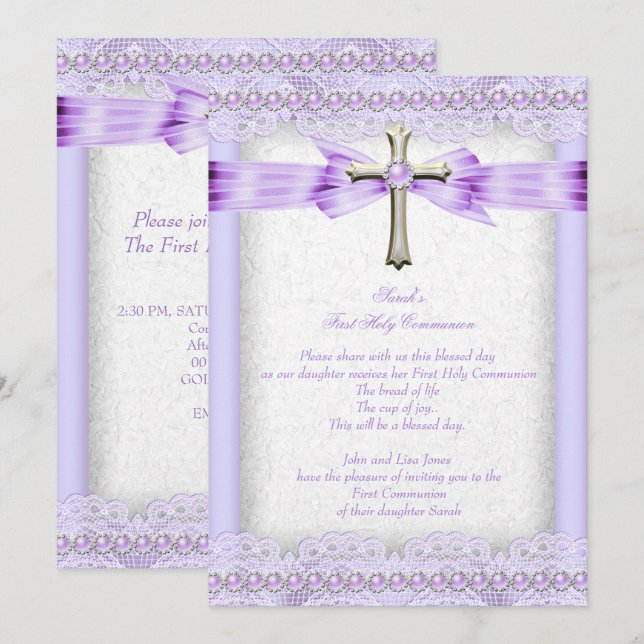Invitation Première Sainte Communion Croix Fille Joli Lavande (Devant / Derrière)