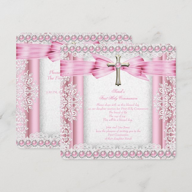 Invitation Première Sainte Communion Croix Fille Joli Rose (Devant / Derrière)