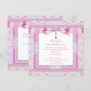Invitation Première Sainte Communion Croix Fille Jolie Perle 
