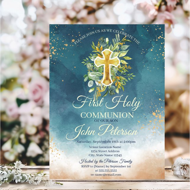 Invitation Première Sainte Communion Croix Florale Éclaboussu (Créateur téléchargé)