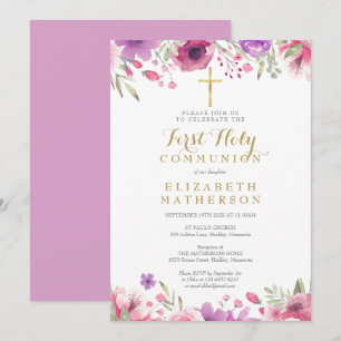 Invitation Première Sainte Communion Croix Florale Or