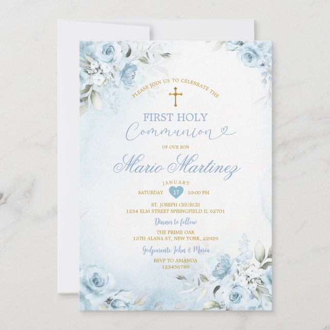 Invitation Première Sainte Communion de Garçon Floral Bleu Cl (Devant)