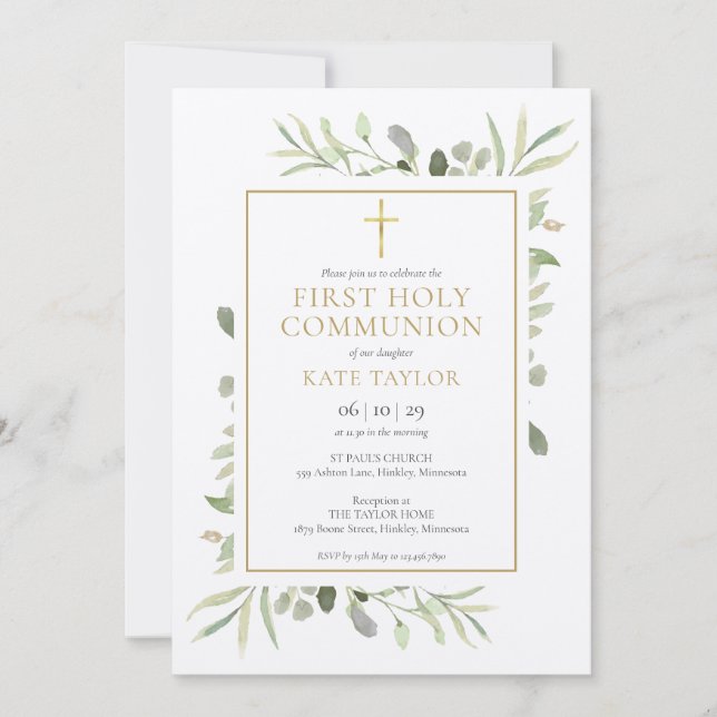 Invitation Première Sainte Communion de la végétation aquarel (Devant)