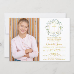 Invitation Première Sainte Communion de verdure Croix dorée P