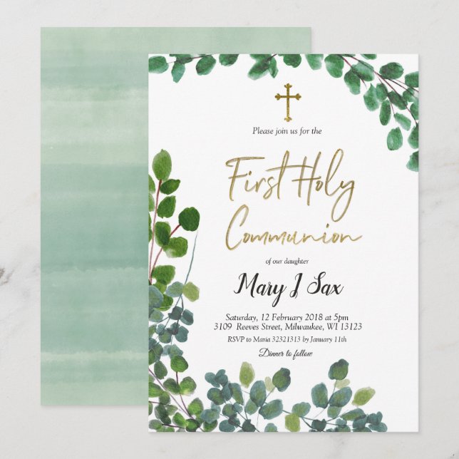 Invitation Première sainte communion d'eucalyptus lunatique (Devant / Derrière)