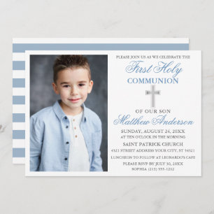 Invitation Première Sainte Communion Dusty Bleu Argent rayé