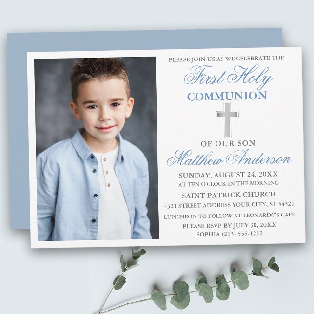 Invitation Première Sainte Communion Dusty Blue Silver Photo (Customize to change text size, text style or color of back of card.)