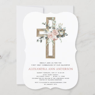 Invitation Première Sainte Communion Dusty Rose Rose Verdure