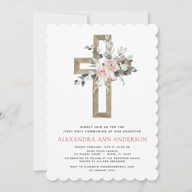 Invitation Première Sainte Communion Dusty Rose Rose Verdure (Devant)