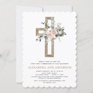 Invitation Première Sainte Communion Dusty Rose Rose Verdure