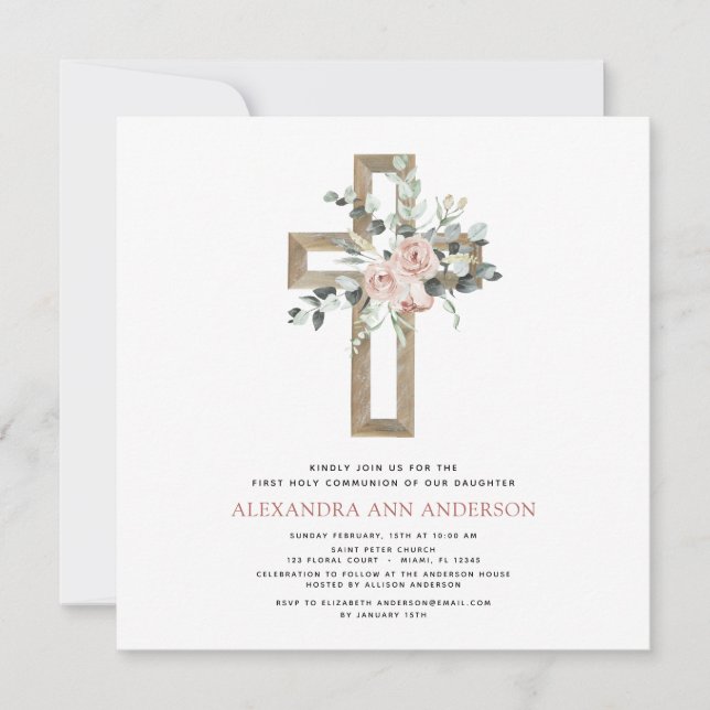 Invitation Première Sainte Communion Dusty Rose Rose Verdure (Devant)
