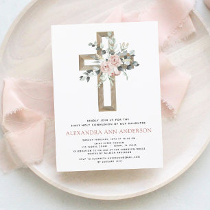 Invitation Première Sainte Communion Dusty Rose Rose Verdure
