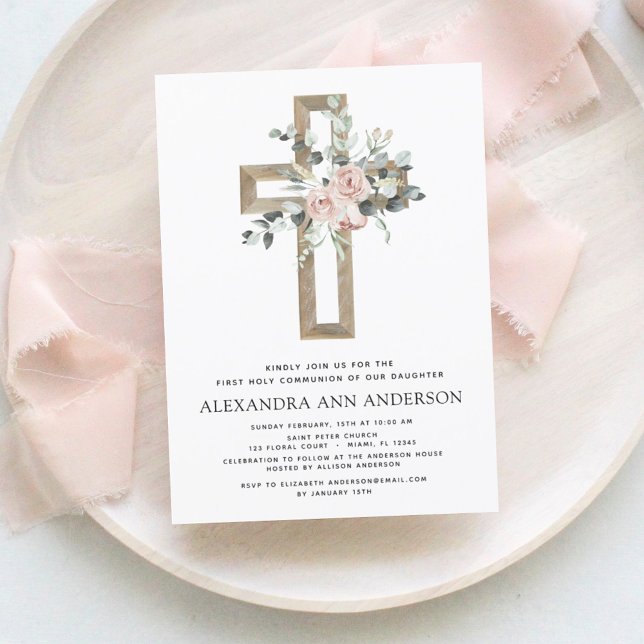 Invitation Première Sainte Communion Dusty Rose Rose Verdure (Créateur téléchargé)