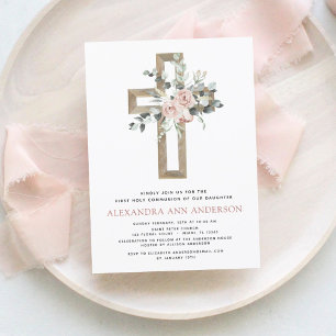 Invitation Première Sainte Communion Dusty Rose Rose Verdure