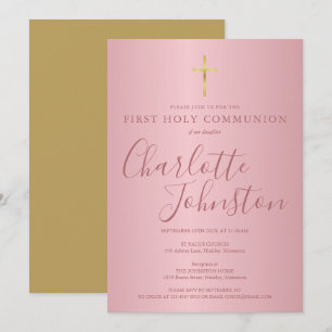 Invitation Première Sainte Communion Écriture Moderne Rose Go