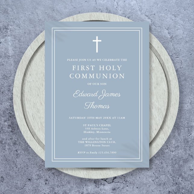Invitation Première Sainte Communion élégante avec bordure bl (Elegant Border Dusty Blue First Holy Communion Invitation)